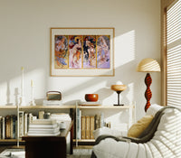 Four women representing the four seasons print in an oak frame above a mid-century book console with a vintage radio