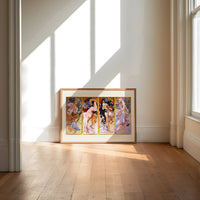 Four women representing the four seasons print in an oak frame on a sunlit wood floor beneath tall window light