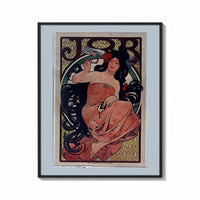 Framed Woman with flowing dark hair smoking print shown as a bold statement piece on a clean gallery wall