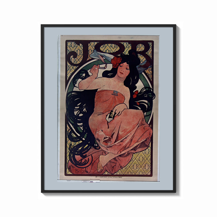 Framed Woman with flowing dark hair smoking print shown as a bold statement piece on a clean gallery wall