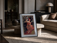 Woman with flowing dark hair smoking print in a black frame leaning on a travertine table in a sunlit lounge