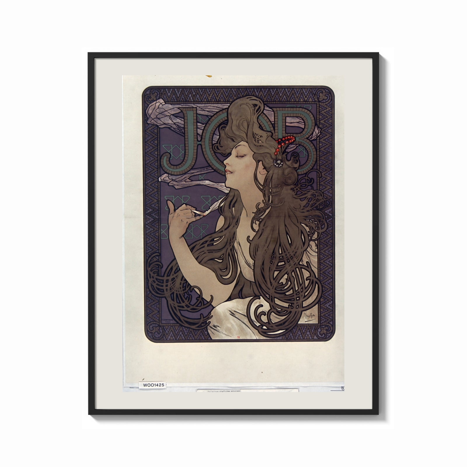Framed Woman with flowing hair smoking print shown as a bold statement piece on a clean gallery wall