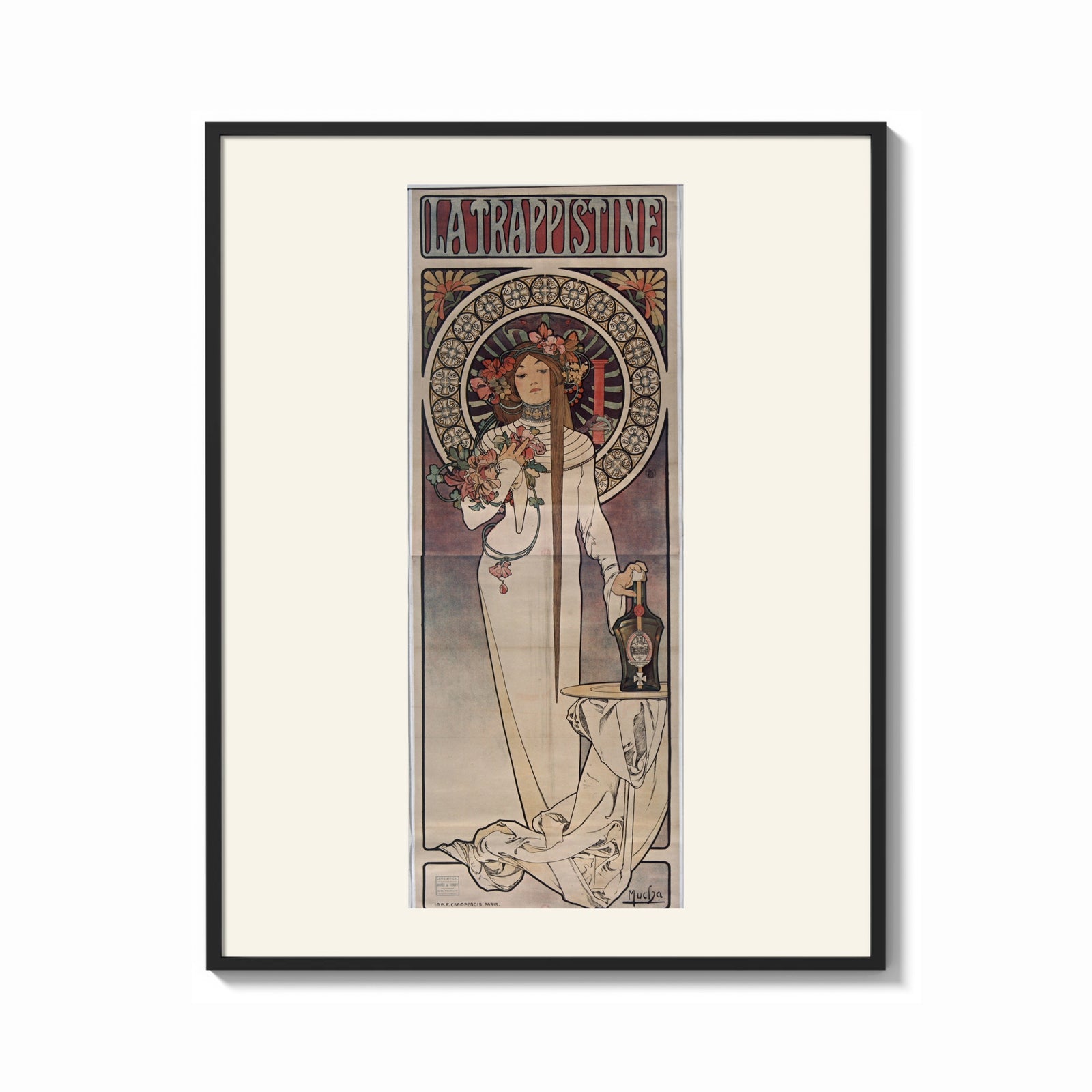 Framed Art Nouveau woman with flowers print shown as a bold statement piece on a clean gallery wall