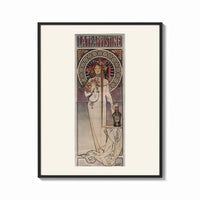 Framed Art Nouveau woman with flowers print shown as a bold statement piece on a clean gallery wall