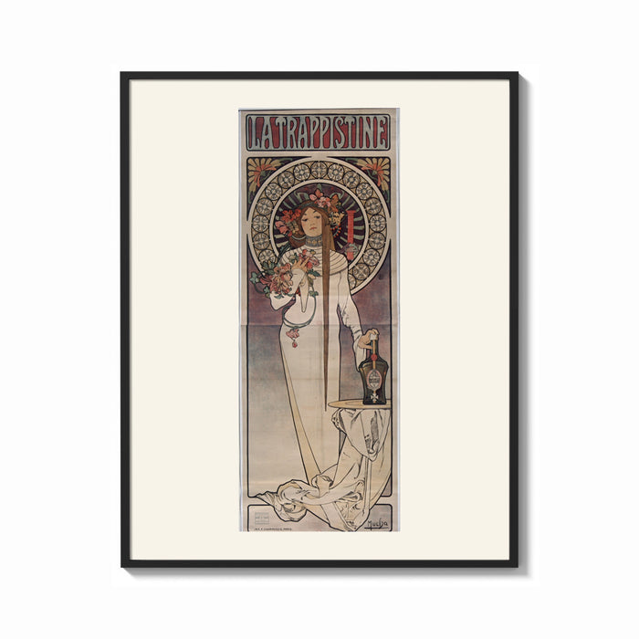 Framed Art Nouveau woman with flowers print shown as a bold statement piece on a clean gallery wall