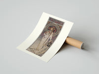Rolled Art Nouveau woman with flowers poster beside its crush-resistant kraft shipping tube
