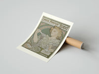Rolled Art Nouveau woman spraying perfume poster beside its crush-resistant kraft shipping tube