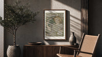 Art Nouveau woman spraying perfume poster framed above a fluted sideboard beside an olive tree