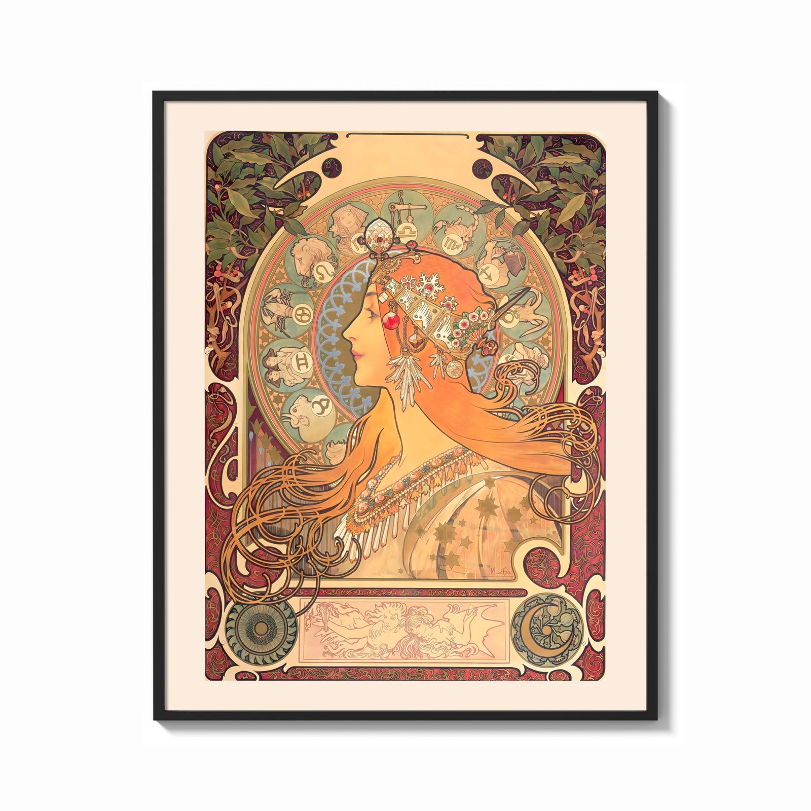 Framed Woman in profile with zodiac halo print shown as a bold statement piece on a clean gallery wall