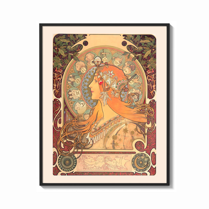 Framed Woman in profile with zodiac halo print shown as a bold statement piece on a clean gallery wall