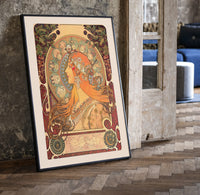 Woman in profile with zodiac halo print in a black frame leaning beside a vintage door on parquet
