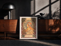 Black-framed Woman in profile with zodiac halo print on a moody console with designer coffee-table books