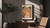 Woman in profile with zodiac halo poster framed above a fluted sideboard beside an olive tree