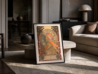 Woman in profile with zodiac halo print in a black frame leaning on a travertine table in a sunlit lounge