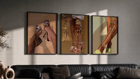 Mules and Platform Heels Set of 3 in black frames on a grey wall above a leather sofa