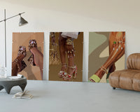 Mules and Platform Heels Set of 3 displayed beside a brown leather sofa