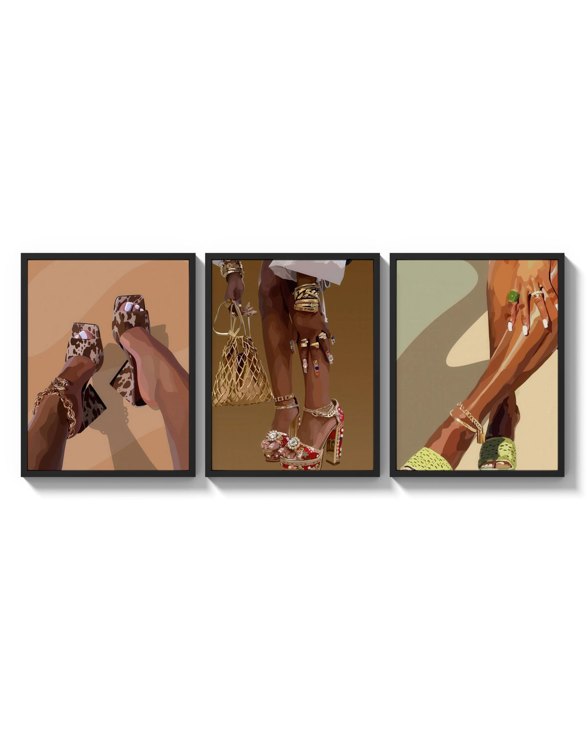 Mules and Platform Heels Set of 3 arranged on a bright gallery wall