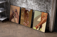 Mules and Platform Heels Set of 3 as black-framed prints leaning against a raw-plaster wall
