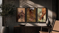 Mules and Platform Heels Set of 3 in walnut frames above a sideboard in a warm room