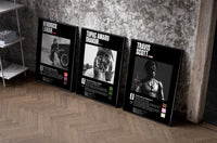 Hip Hop Legends Set of 3 as black-framed prints leaning against a raw-plaster wall