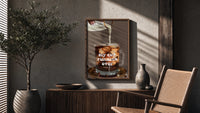 My Cup Runneth Over Coffee poster framed above a fluted sideboard beside a potted tree