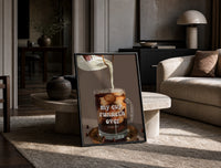My Cup Runneth Over Coffee print on the floor, leaning against a travertine table