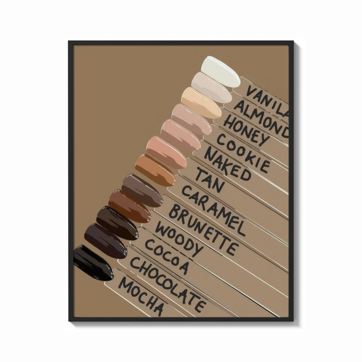 Framed Nail Swatches in Brown Tones print shown as a bold statement piece on a clean gallery wall