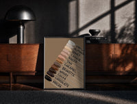 Black-framed Nail Swatches in Brown Tones print on the floor in front of a dark wooden console