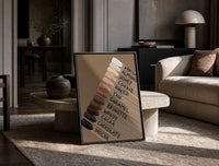 Nail Swatches in Brown Tones print on the floor, leaning against a travertine table