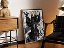 Brass-framed Akatsuki ninja characters posing print leaning in a warm styled corner by a sculpture