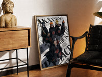 Brass-framed Akatsuki ninja characters posing print leaning in a warm styled corner by a sculpture