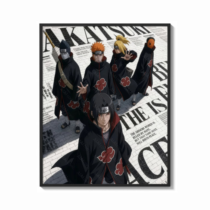 Framed Akatsuki ninja characters posing print shown as a bold statement piece on a clean gallery wall