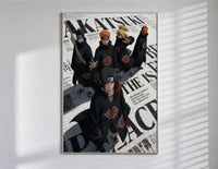Akatsuki ninja characters posing poster in a slim frame on a bright wall with soft window light