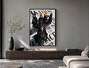 Akatsuki ninja characters posing poster framed above a wood console in a concrete-wall living room