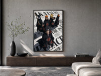 Akatsuki ninja characters posing poster framed above a wood console in a concrete-wall living room