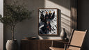 Akatsuki ninja characters posing poster framed above a fluted sideboard beside an olive tree