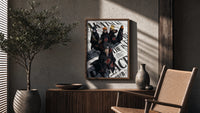 Akatsuki ninja characters posing poster framed above a fluted sideboard beside an olive tree