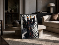Akatsuki ninja characters posing print in a black frame leaning on a travertine table in a sunlit lounge