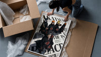 Akatsuki ninja characters posing framed print being unpacked from protective bubble wrap and a box