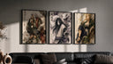 Three ninja characters triptych portrait triptych in three black frames on a grey wall above a leather sofa
