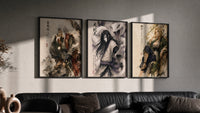 Three ninja characters triptych portrait triptych in three black frames on a grey wall above a leather sofa