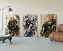 Three ninja characters triptych portrait three-panel set displayed beside a brown leather sofa