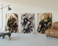 Three ninja characters triptych portrait three-panel set displayed beside a brown leather sofa