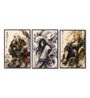 Three ninja characters triptych portrait three-panel set arranged as a triptych on a bright gallery wall
