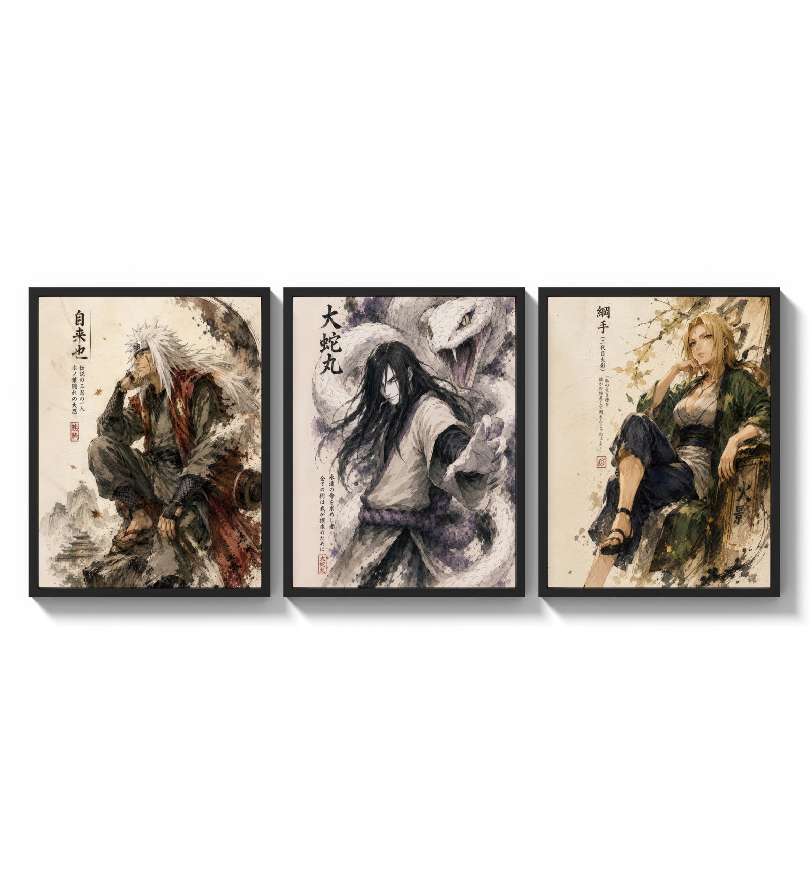 Three ninja characters triptych portrait three-panel set arranged as a triptych on a bright gallery wall