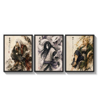 Three ninja characters triptych portrait three-panel set arranged as a triptych on a bright gallery wall