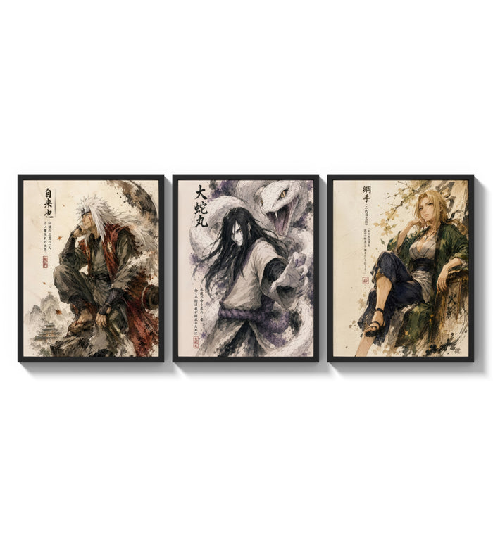 Three ninja characters triptych portrait three-panel set arranged as a triptych on a bright gallery wall