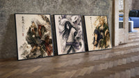 Three ninja characters triptych portrait three-piece set leaning on parquet beside a vintage loft door