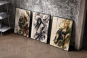 Three ninja characters triptych portrait set of three black-framed prints leaning against a raw-plaster wall