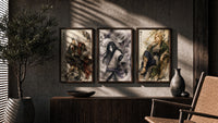 Three ninja characters triptych portrait triptych in three walnut frames above a sideboard in a warm room